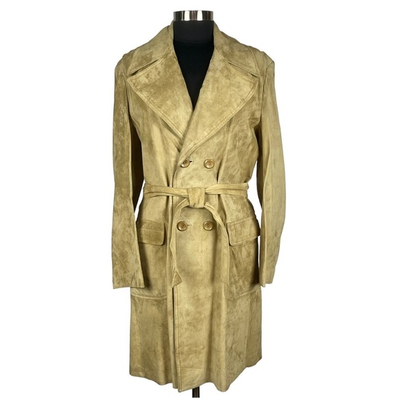 VINTAGE PORTO GALIA 70's SUEDE LEATHER TAN DOUBLE BREAST BELTED TRENCH COAT14/16 - Picture 1 of 13
